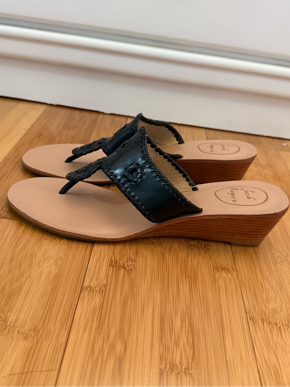 Jack Rogers Black Leather Wedge Thong Sandals